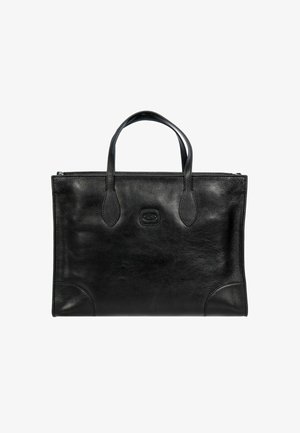 Borsa tote in pelle nera con doppi manici, forma strutturata, texture liscia e logo impresso in modo sottile al centro.