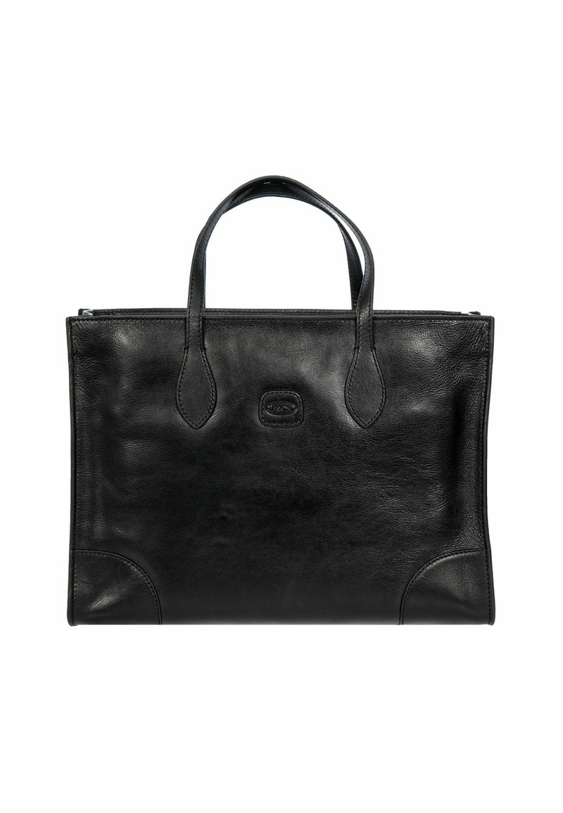 Borsa tote in pelle nera con doppi manici, forma strutturata, texture liscia e logo impresso in modo sottile al centro.