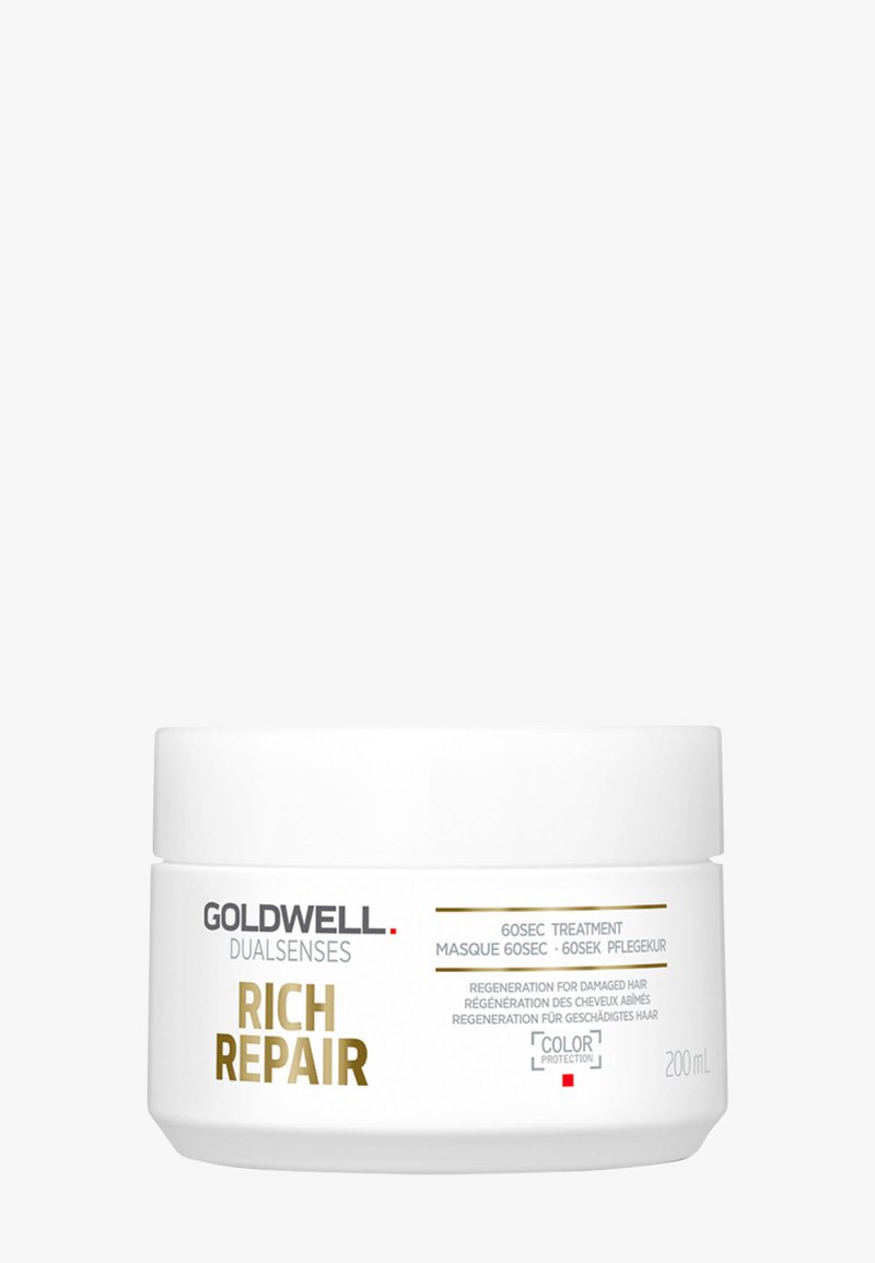 Goldwell Dualsenses Rich Repair haarmasker pot, 200 ml, witte verpakking met gouden en zwarte tekst, voor beschadigd haarherstel en kleurbehoud.