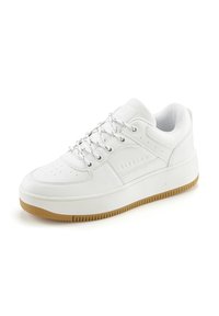 White leather sneaker with a round toe, perforated design on the upper, and a gum rubber sole. Features laced closure and logo detail.