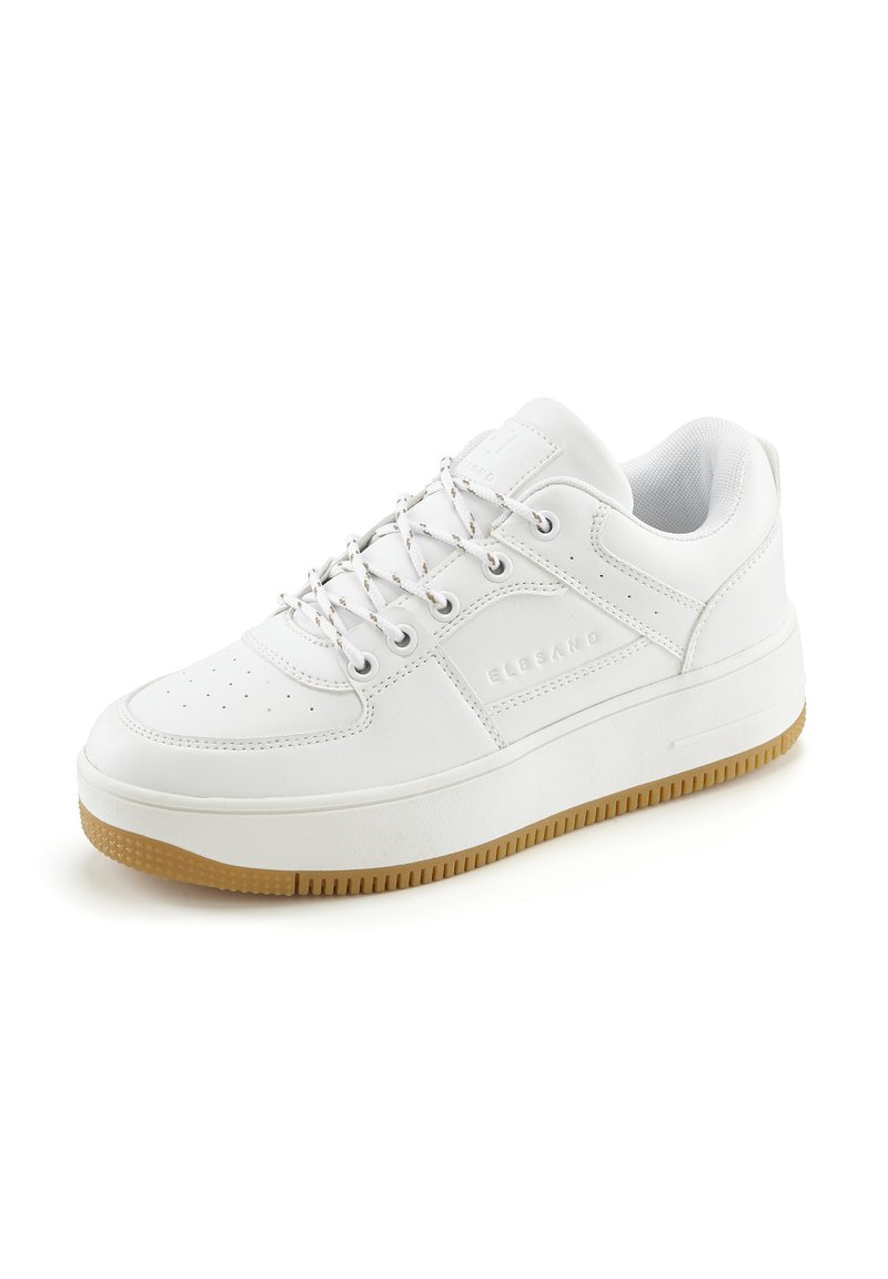 White leather sneaker with a round toe, perforated design on the upper, and a gum rubber sole. Features laced closure and logo detail.