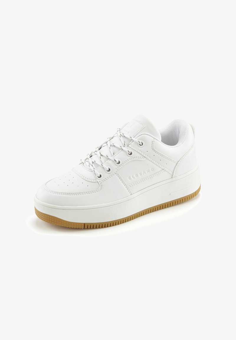 White leather sneaker with a round toe, perforated design on the upper, and a gum rubber sole. Features laced closure and logo detail.