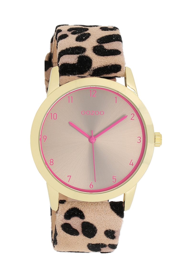 Gold-tone watch with a round face, beige leopard print suede band, pink hour markers, and hands on a metallic gradient dial.