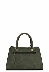 Green suede handbag with dual handles, accent hardware, and front zip pocket. Rectangular shape with smooth texture and minimalist design.