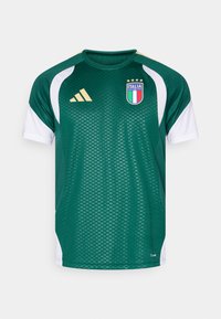 Camisa desportiva verde com detalhes brancos, um padrão texturizado e um logótipo com a palavra "ITALIA". Três estrelas douradas acima do logótipo.