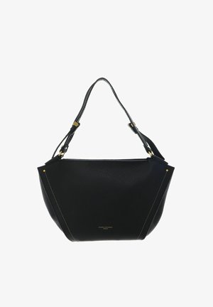 Sac à main en cuir noir avec base large, bretelles réglables, ferrures dorées et logo de la marque discret au centre avant.