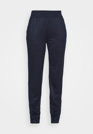 Marineblaue, leichte Jogginghosen mit einem elastischen Bund, gerippten Bündchen und Seitentaschen. Hergestellt aus glattem, atmungsaktivem Stoff.