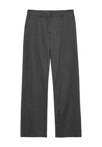 Un pantalon large gris en tissu texturé avec de subtils rayures, doté de poches avant et d'une ceinture lisse.