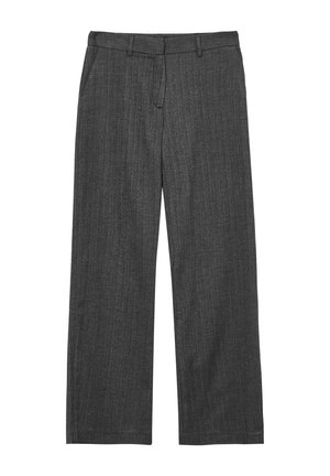 Graue, weit geschnittene Hosen aus einem strukturierten Stoff mit dezenten Nadelstreifen, versehen mit Fronttaschen und einem glatten Taillenbund.