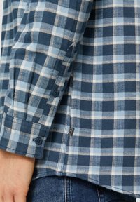 Blauwe en lichtblauwe geruite button-up shirt van een gestructureerde stof, met een ronde zoom en een klein logo-label aan de zijkant.