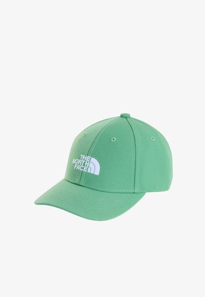 Lysegrøn baseballkasket med hvidt "THE NORTH FACE"-logo foran, med syede paneler og ventilationshuller.