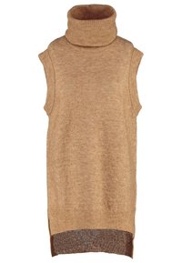 Pull en col roulé sans manches en brun clair avec une texture douce, présentant un col côtelé et un détail d'ourlet en brun foncé contrastant.