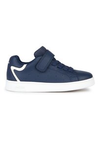 Baskets enfant bleu marine avec semelle blanche, bride velcro, lacets et un accent blanc sur le côté, conçues pour un usage décontracté.