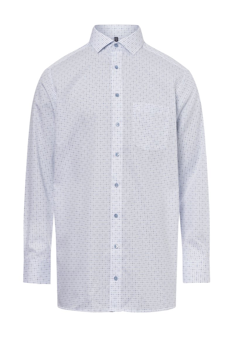 Camicia azzurro chiaro in cotone, con maniche lunghe, colletto e taschino, decorata con un piccolo motivo a pois a contrasto.