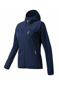 Navy blue hooded jacket with front zipper and two zippered pockets on chest and side, designed for outdoor use.