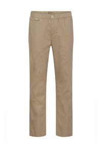 Pantalones de algodón beige con un diseño de pierna recta, dos bolsillos frontales y un cierre de botón en la cintura. Textura sutil en toda la prenda.