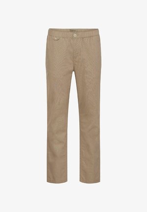 Beige pamut nadrág, egyenes lábbal, két elülső zsebbel és gombos derékkal. Finom textúra az egész anyagon.