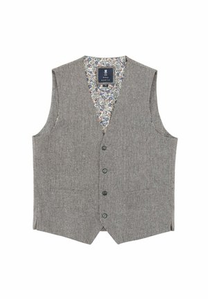 Gray wool blend vest with a v-neckline, five buttons, two front pockets, and a floral-patterned inner lining.