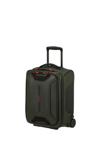 Valise roulante vert foncé avec poignée rétractable, accents noirs, couture rouge et texture lisse. Comprend de grands compartiments zippés.