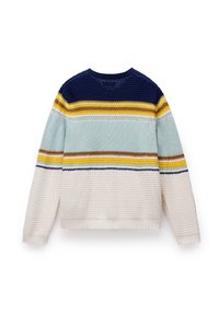 Długi sweter z dzianiny z teksturowaną tkaniną, z poziomymi paskami w kolorach granatowym, żółtym, brązowym, jasnoniebieskim i kremowym.
