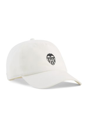 Biała czapka z daszkiem baseballowym z zakrzywionym daszkiem, z czarno-białym logo klubu piłkarskiego Valencia CF z przodu.
