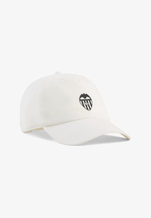 Biała czapka z daszkiem baseballowym z zakrzywionym daszkiem, z czarno-białym logo klubu piłkarskiego Valencia CF z przodu.