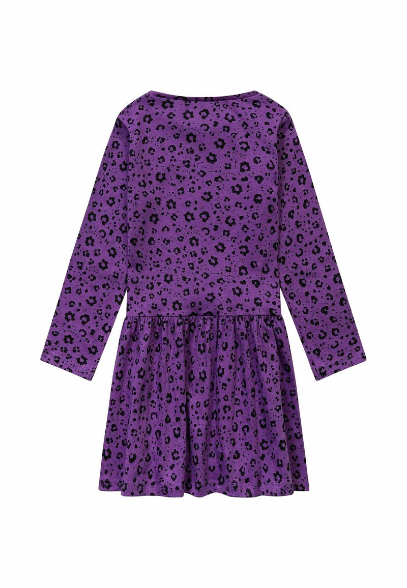 Abito viola a maniche lunghe con stampa leopardata nera. Gonna svasata con cuciture arricciate, tessuto morbido e scollatura tonda.