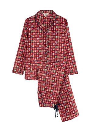 Roter Pyjama-Set mit Muster, das aus einem langärmeligen Oberteil mit Kragen und passenden Jogginghosen mit Kordelzug besteht, gefertigt aus weichem Stoff.