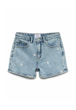 Short en denim bleu clair avec des marguerites blanches brodées, bouton devant, passants de ceinture et deux poches avant.