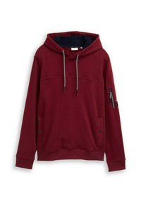 Felpa bordeaux, cotone misto, cappuccio con cordino, tasche laterali e tasche con zip sulle maniche, polsini a coste, superficie testurizzata e interno a contrasto.
