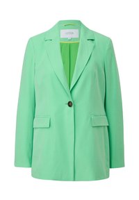 Minzgrüner Blazer mit Reverskragen, Einzelknopfverschluss, zwei Fronttaschen und glatter Textur. Voll gefüttert.