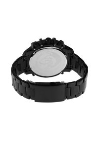 Orologio cronografo in acciaio inox nero con cinturino testurizzato, grandi pulsanti e fondello piatto con logo.