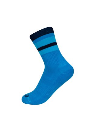Bright blue crew sock with dark blue and lighter blue horizontal stripes near the cuff, shown on a plain white background.