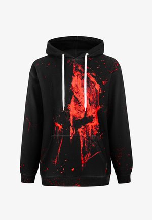 Black hoodie with red abstract splatter design. Features a kangaroo pocket and white drawstrings. Made from a soft fabric, offering a relaxed fit.