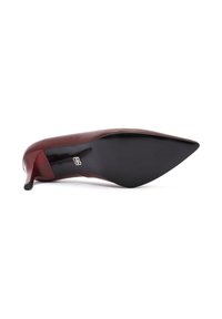 Tacchi alti a punta in pelle bordeaux con suola nera lucida. Caratterizzati da un sottile tacco a stiletto e fondo textured per una migliore aderenza.