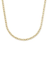 Guldmetalkæde med ovale led, glat overflade, ensartet tykkelse og en poleret finish, der fremviser et klassisk design.