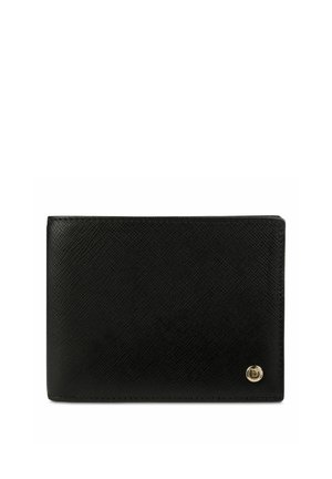 Portefeuille bifold en cuir texturé noir avec petit emblème rond en or du logo en bas à droite, sur fond blanc.