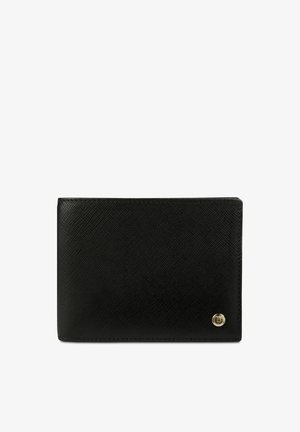 Portefeuille bifold en cuir texturé noir avec petit emblème rond en or du logo en bas à droite, sur fond blanc.