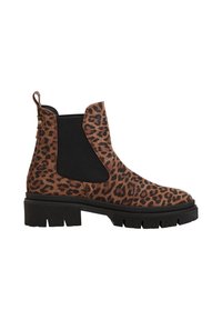 Bottes Chelsea à imprimé léopard avec des panneaux élastiques noirs sur les côtés, une tige texturée marron, une semelle épaisse noire et une languette à l'arrière.