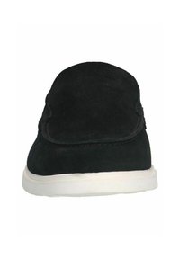 Black suede slip-on shoe with a rounded toe, white rubber sole, and minimal stitching detail. Front view showcases smooth texture and clean lines.