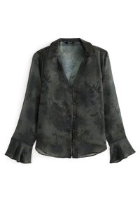 Dunkel gemusterte Bluse mit Transparentstoff, langen Ärmeln mit ausgestellten Manschetten und einem Kragen mit Knopfverschluss.