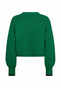 Roheline kootud sall, sooniline tekstuur, lühikese lõikega, laiad varrukad, ümmargune kaelus, mustad aktsendid mansettides. Detailne struktuur.