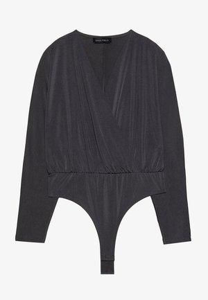 Bodysuit noir à manches longues avec décolleté en V profond, design croisé, taille cintrée et arrière en thong. Fabriqué en tissu doux et extensible.