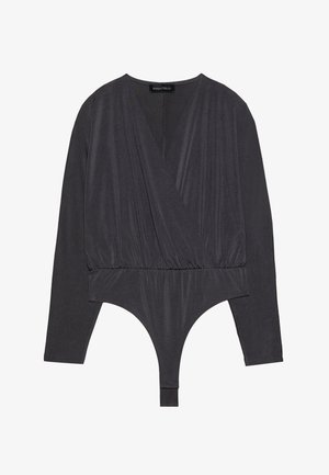 Zwarte lange mouwen bodysuit met een diepe V-hals, wikkeldesign, cinched taille en thong achterkant. Gemaakt van zachte, rekbare stof.