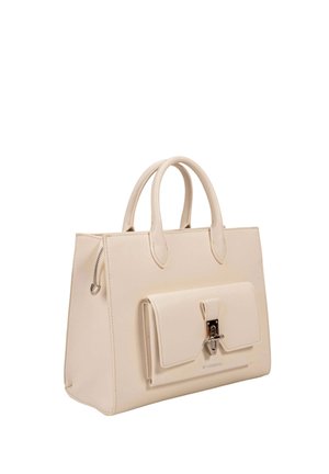 Sac à main en cuir beige avec deux poignées arrondies, une poche à rabat avant sécurisée par une fermeture à glissière argentée, et un détail de fermeture éclair sur le côté.