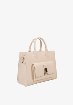 Sac à main en cuir beige avec deux poignées arrondies, une poche à rabat avant sécurisée par une fermeture à glissière argentée, et un détail de fermeture éclair sur le côté.