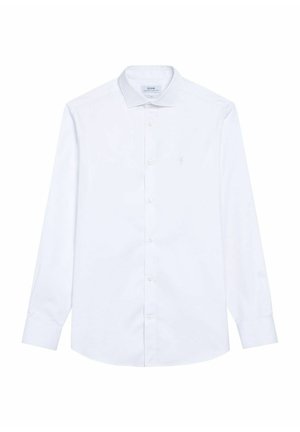 Biała koszula z długim rękawem z wykładanym kołnierzykiem, wykonana z gładkiego materiału. Posiada rząd guzików i subtelne logo na klatce piersiowej.