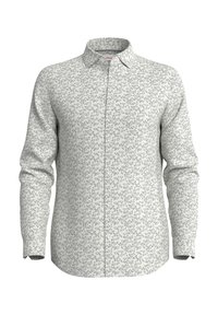 Weißes Langarmhemd mit geometrischem Muster in Schwarz. Es hat einen klassischen Kragen und eine Knopfleiste vorne.