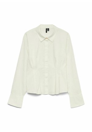 Blusa bianca corta con maniche lunghe, chiusura frontale con bottoni, colletto appuntito e dettaglio laterale plissettato; texture liscia.