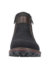 Czarne botki za kostkę z teksturowanej skóry, brązowymi szwami akcentującymi i zapięciem na zamek. Posiadają solidną podeszwę z bieżnikiem dla lepszej przyczepności.